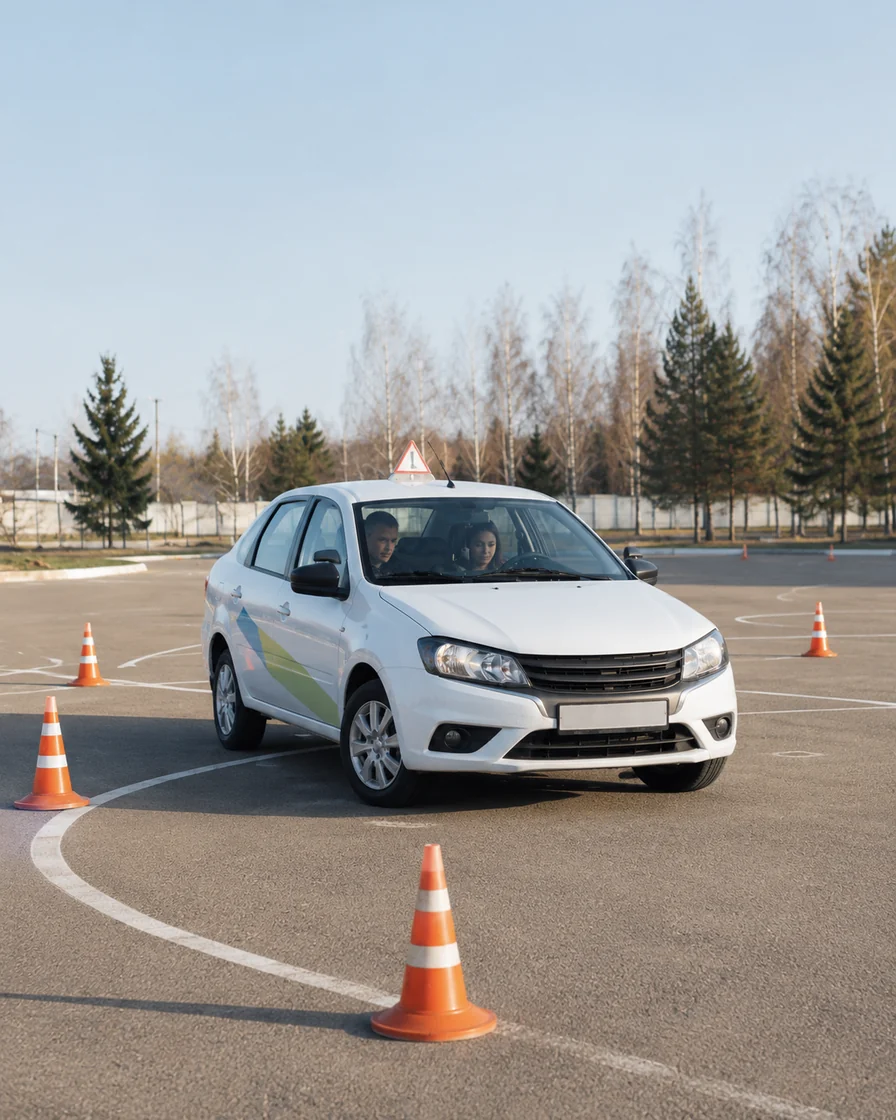 Учебный легковой автомобиль с инструктором и ученицей на автодроме